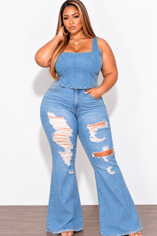 Final Sale Plus Size Sleeveless Crop Top with Shirred Back in Denim