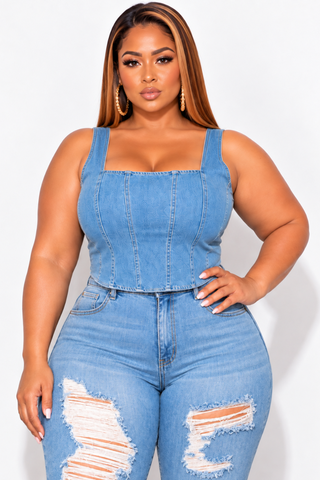Final Sale Plus Size Sleeveless Crop Top with Shirred Back in Denim