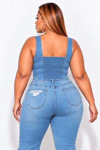 Final Sale Plus Size Sleeveless Crop Top with Shirred Back in Denim