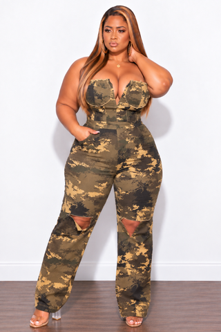 Final Sale Plus Size Strapless Deep V Jumpsuit with Ripped Knees In Camouflage Print