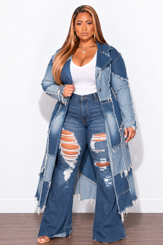 Final Sale Plus Size Patchwork Trench Jacket in Denim