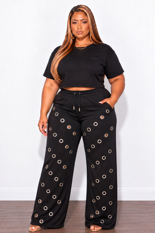 Final Sale Plus Size Jogger Pants with Silver Grommets in Black (Pants Only)