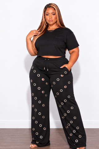 Final Sale Plus Size Jogger Pants with Silver Grommets in Black (Pants Only)
