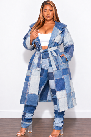 Final Sale Plus Size Faux Denim Printed Patchwork Print Coat