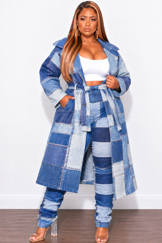 Final Sale Plus Size Faux Denim Printed Patchwork Print Coat