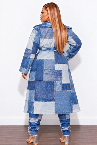 Final Sale Plus Size Faux Denim Printed Patchwork Print Coat