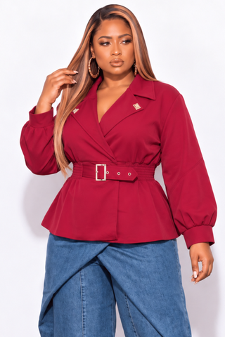 Final Sale Plus Size Belted Peplum Jacket in Red