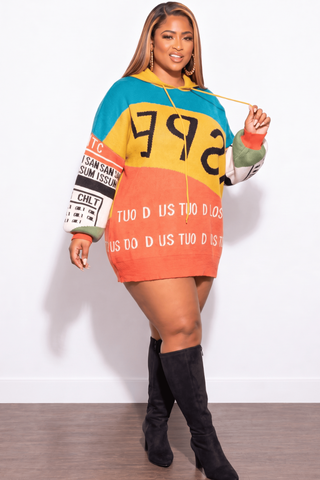 Final Sale Plus Size Oversized Hooded ColorBlock Sweater Top in Multi Color Print