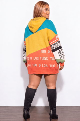 Final Sale Plus Size Oversized Hooded ColorBlock Sweater Top in Multi Color Print