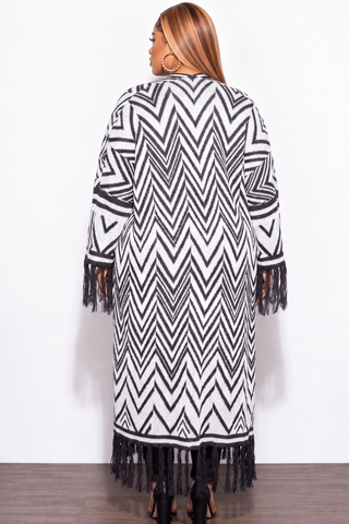 Final Sale Plus Size Knitted Cardigan with Bottom Tassels in Black and White Design Print