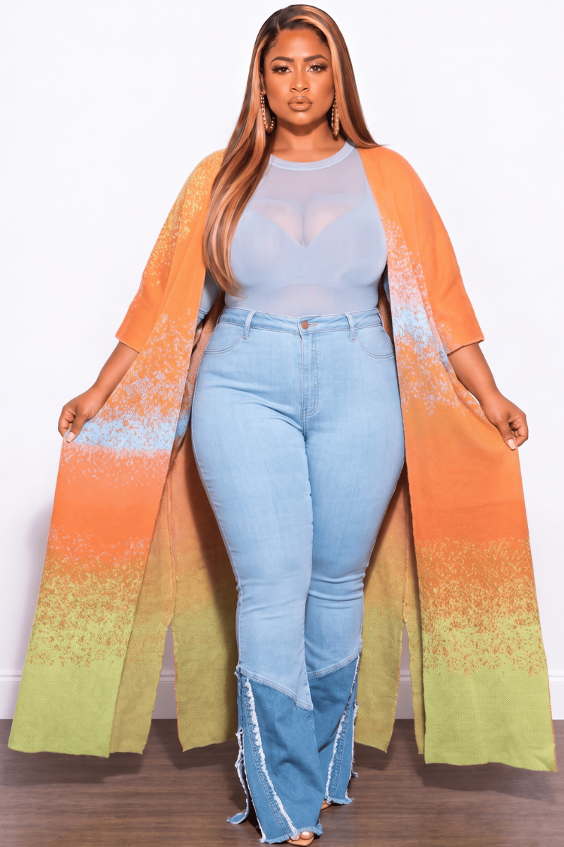 Final Sale Plus Size Knitted Cardigan in Orange Multi Color Print