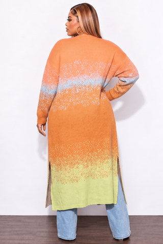 Final Sale Plus Size Knitted Cardigan in Orange Multi Color Print