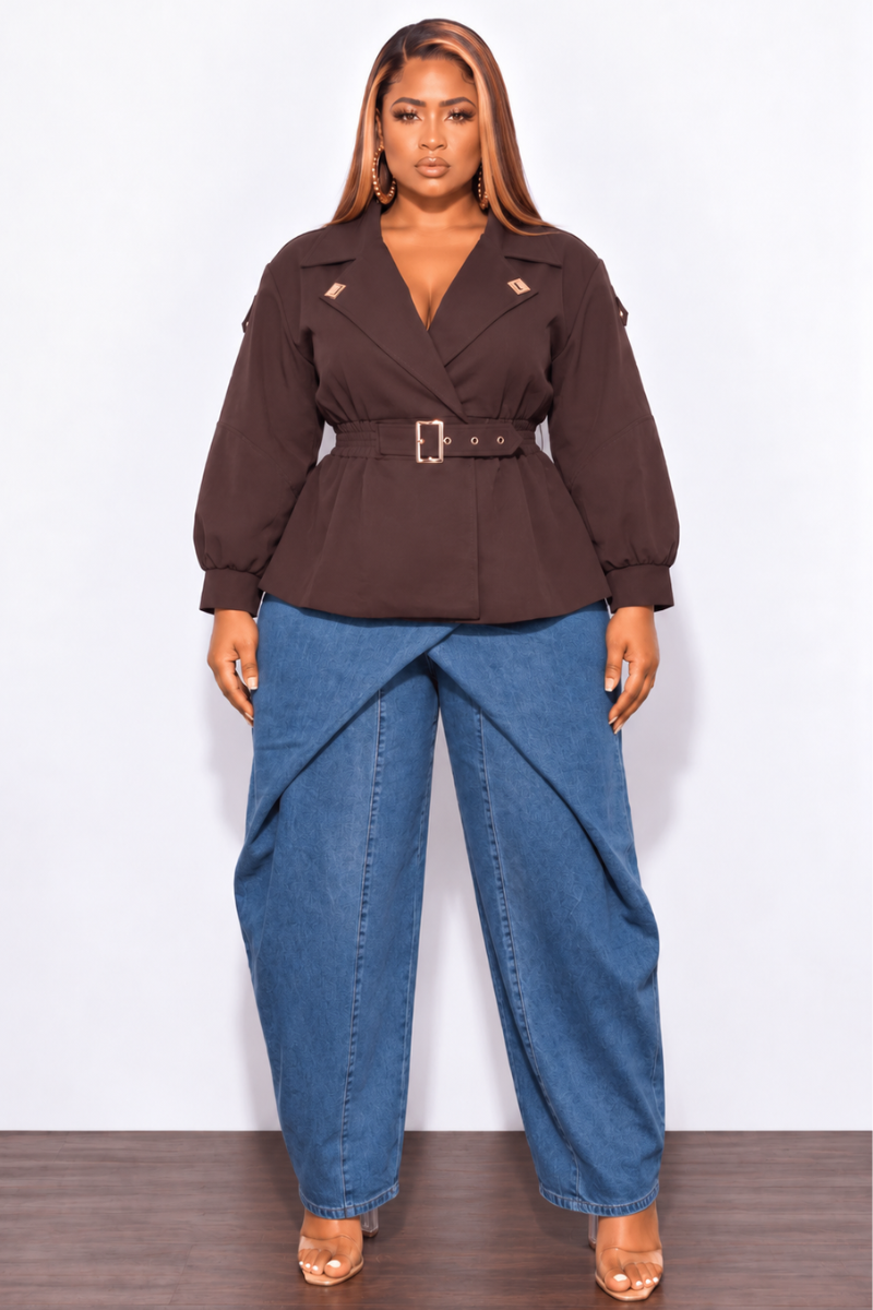 Final Sale Plus Size Belted Peplum Jacket in Cafe