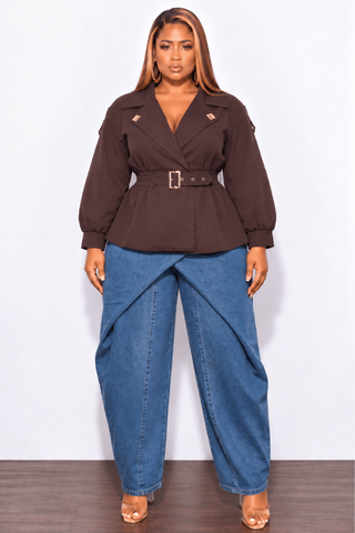 Final Sale Plus Size Belted Peplum Jacket in Cafe