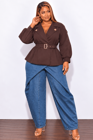 Final Sale Plus Size Belted Peplum Jacket in Cafe