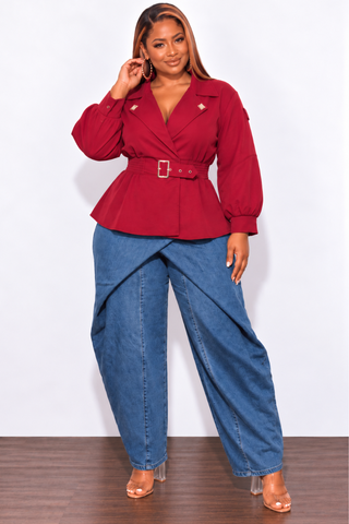 Final Sale Plus Size Belted Peplum Jacket in Red