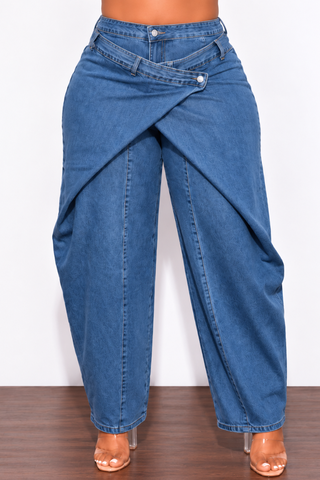 Final Sale Plus Size Crossover-Waist Barrel Leg Jeans in Denim