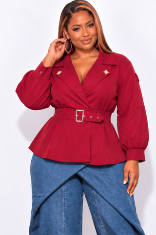 Final Sale Plus Size Belted Peplum Jacket in Red