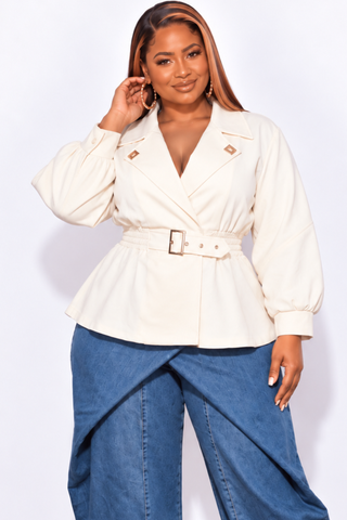 Final Sale Plus Size Belted Peplum Jacket in Ivory