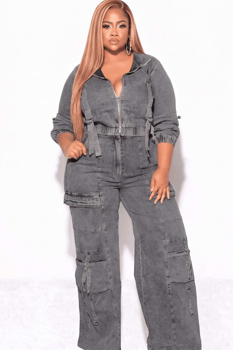 Final Sale Plus Size Zip Up Crop Cargo Jacket & Jeans Set in Brown