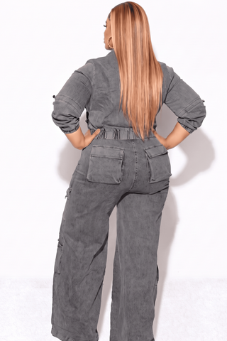 Final Sale Plus Size Zip Up Crop Cargo Jacket & Jeans Set in Brown