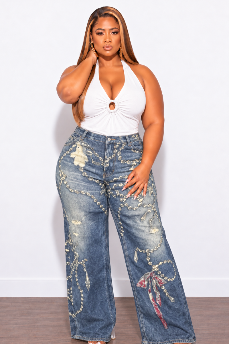 Final Sale Plus Size Printed Jeans With Flare Legs Rhinestone Ribbon Print