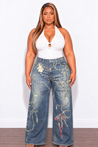 Final Sale Plus Size Printed Jeans With Flare Legs Rhinestone Ribbon Print