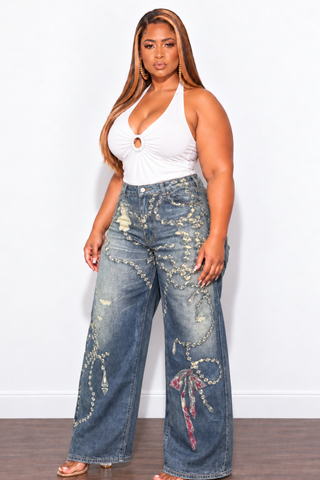 Final Sale Plus Size Printed Jeans With Flare Legs Rhinestone Ribbon Print