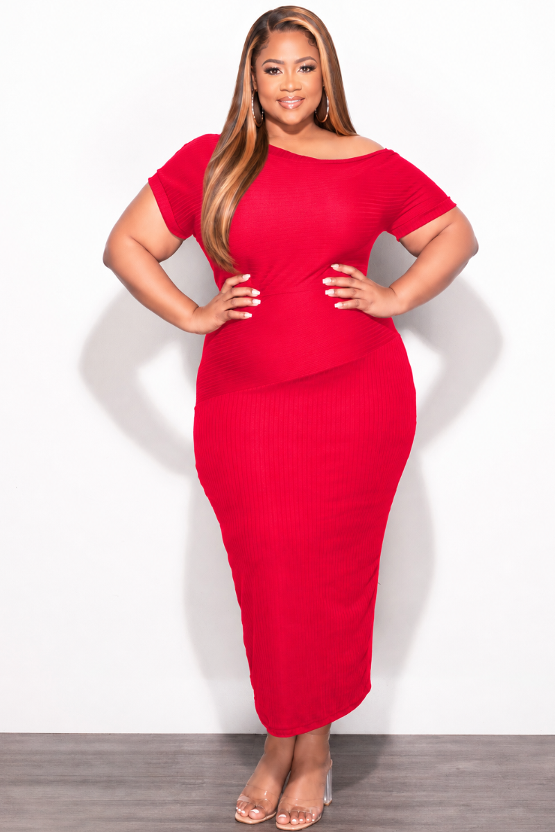Final Sale Plus Size Off The Shoulder Ribbed Midi Dress in Red