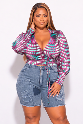 Final Sale Plus Size Collar Faux Wrap Crop Tie Top in Multi Color Polka Dot Print