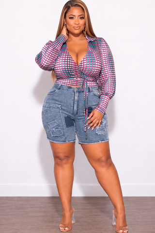 Final Sale Plus Size Collar Faux Wrap Crop Tie Top in Multi Color Polka Dot Print