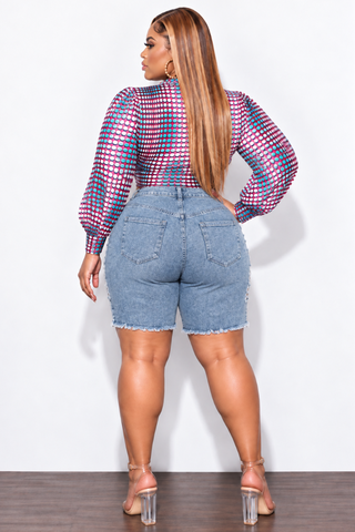 Final Sale Plus Size Collar Faux Wrap Crop Tie Top in Multi Color Polka Dot Print