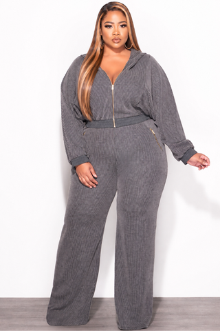 Final Sale Plus Size Plush Ribbed 2pc Hooded Zip-Up Jacket and Pants Set in Black