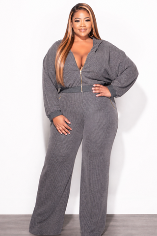 Final Sale Plus Size Plush Ribbed 2pc Hooded Zip-Up Jacket and Pants Set in Black