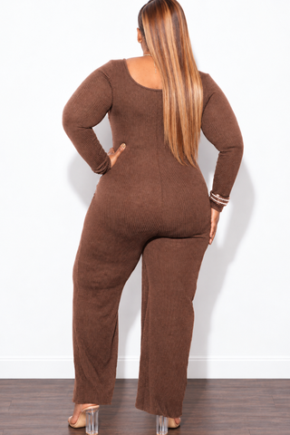 Final Sale Plus Size Ribbed Jumpsuit with Attached Tie in Brown