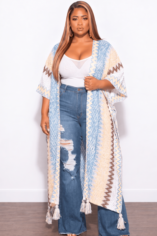Final Sale Plus Size Knitted Cardigan with Bottom Tassels in White Blue Yellow Tan and Brown