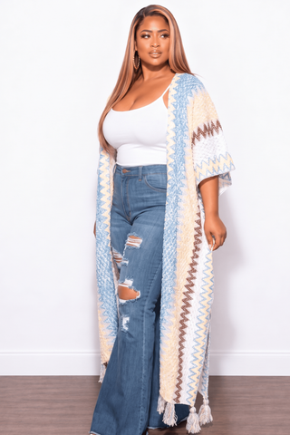 Final Sale Plus Size Knitted Cardigan with Bottom Tassels in White Blue Yellow Tan and Brown