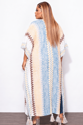 Final Sale Plus Size Knitted Cardigan with Bottom Tassels in White Blue Yellow Tan and Brown