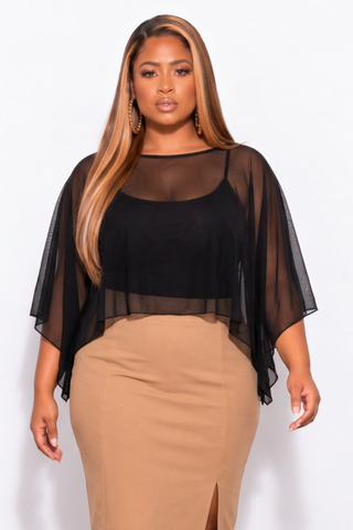 Final Sale Plus Size Black Sheer Mesh Cape Top With Camisole in Black