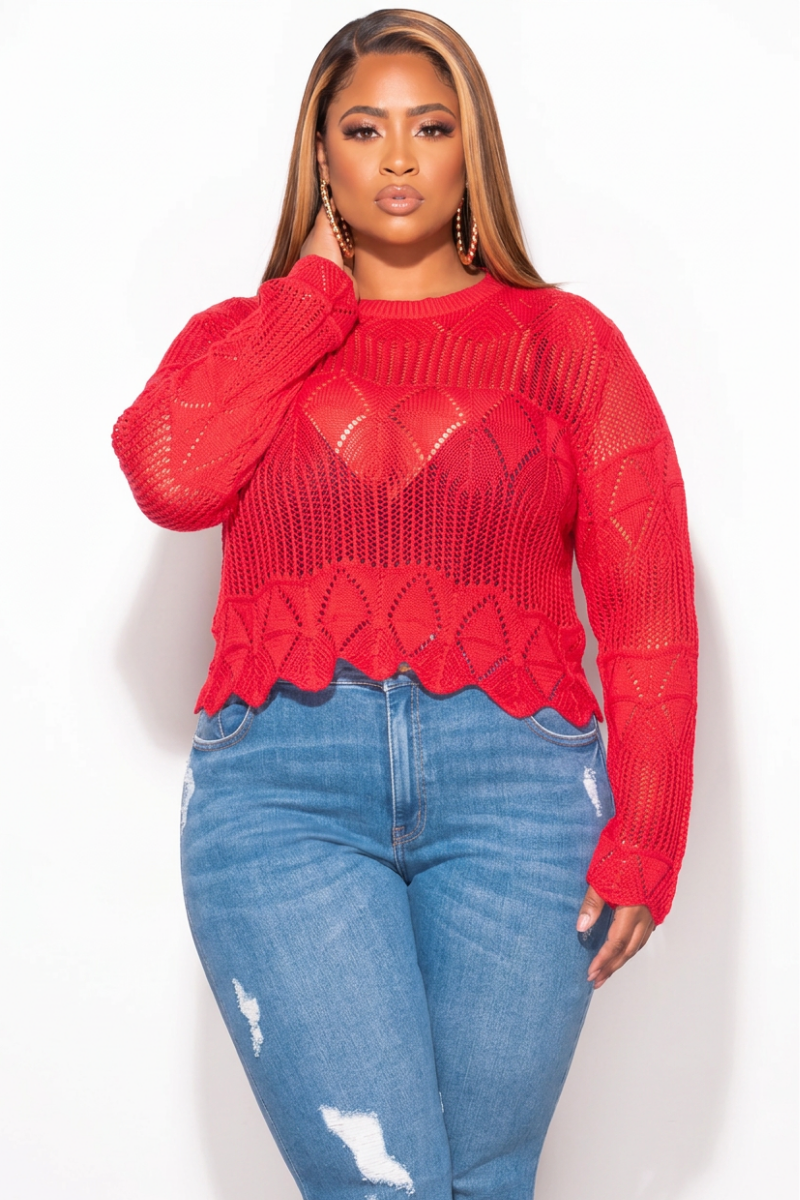 Final Sale Plus Size Knitted Sweater Top in Red
