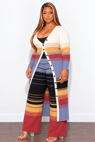 Final Sale Plus Size Knit Ribbed Thick 2pc Button Up Top and Pant Set in Multi Color Stripe Print