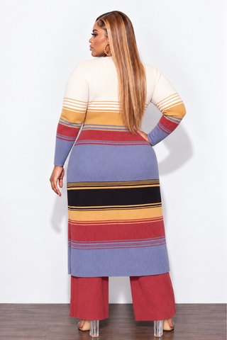 Final Sale Plus Size Knit Ribbed Thick 2pc Button Up Top and Pant Set in Multi Color Stripe Print