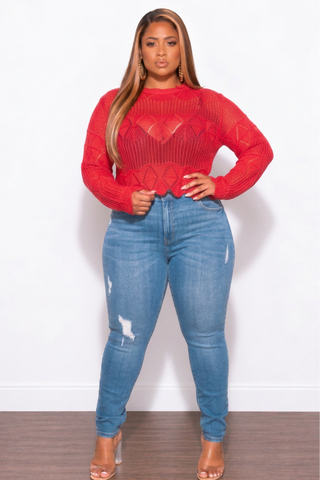 Final Sale Plus Size Knitted Sweater Top in Red