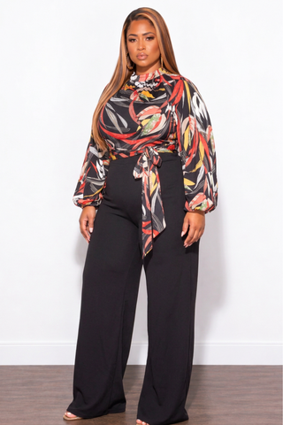Final Sale Plus Size Colorblock Jumpsuit with Tie in Black Multi Color Leaf Print