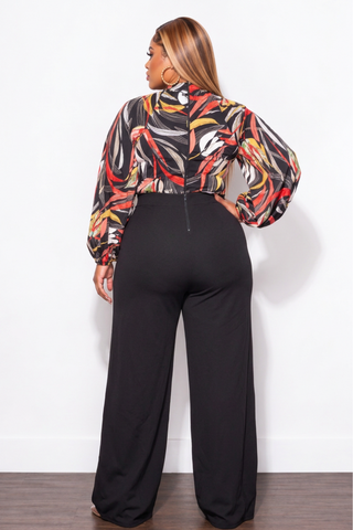 Final Sale Plus Size Colorblock Jumpsuit with Tie in Black Multi Color Leaf Print