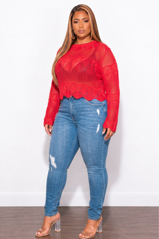 Final Sale Plus Size Knitted Sweater Top in Red