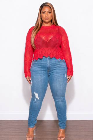 Final Sale Plus Size Knitted Sweater Top in Red
