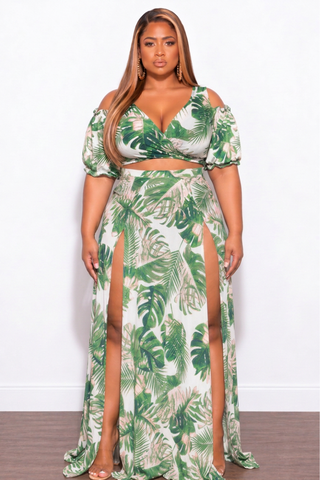 Final Sale Plus Size 2pc Faux Wrap Crop Tie Top and Double Slit Skirt Set in Pink & Green Leaf Print