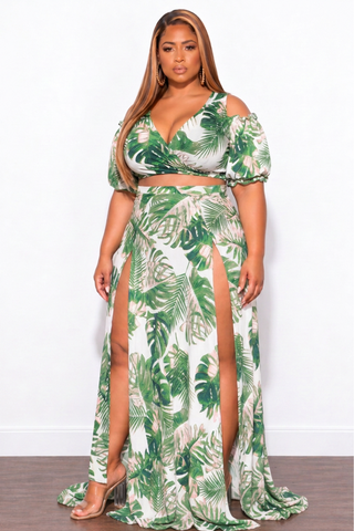 Final Sale Plus Size 2pc Faux Wrap Crop Tie Top and Double Slit Skirt Set in Pink & Green Leaf Print