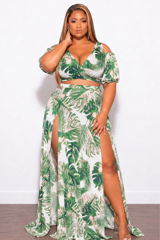 Final Sale Plus Size 2pc Faux Wrap Crop Tie Top and Double Slit Skirt Set in Pink & Green Leaf Print